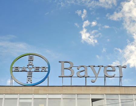 SOFIA, BULGARIA - MAY 5: Logotype of Bayer commpany in Sofia on May 5, 2016. Bayer is a German chemical company founded in Barmen.のeditorial素材