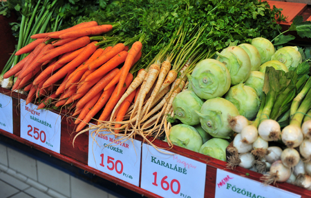 Onion, Cabbage, Carrot with the sign in hungarian language. Main food market of Budapestの写真素材