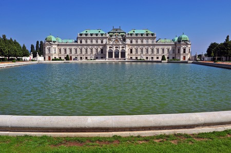 VIENNA, AUSTRIA - JUNE 6: Facade of the Belvedere palace in Vienna city on June 6, 2016. Belvedere is an historic building complex located in Vienna city, Austria.のeditorial素材