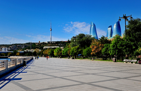 Summer view of Flame towers and seafront of Baku, Azerbaijanのeditorial素材