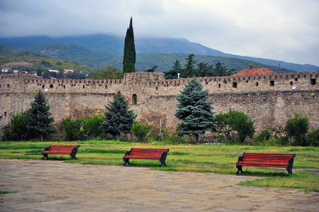 Benches in Svetitskhoveli monastery in Mtskheta town, Georgiaの写真素材