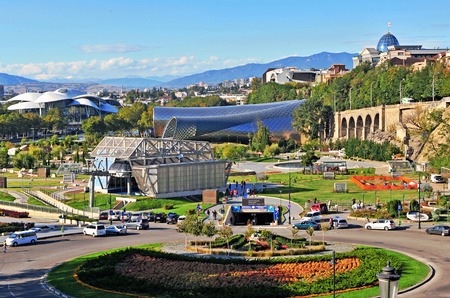 TBILISI, GEORGIA - Top view of Tbilisi city centre, Georgia on September 27, 2015. Tbilisi is the capital and largest city of Georgia.の写真素材