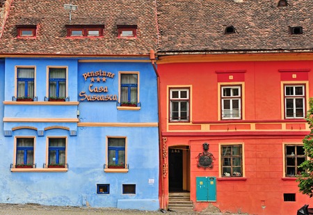 SIBIU, ROMANIA - MAY 5: Facade of the hotel in Sighisoara old town, Romania on May 5, 2016. Sibiu is the city located in Transylvania region of Romania.のeditorial素材