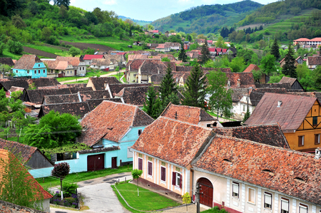 Houses of Beirtan town in Transylvania province, Romaniaの写真素材