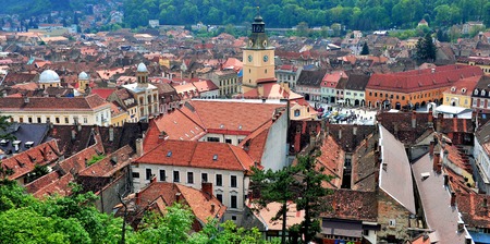 BRASOV, ROMANIA - MAY 7: Top view of Brasov historical centre on May 7, 2016. Brasov is a capital of Transylvania province of Romania.のeditorial素材