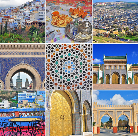 Morocco travel collage. Set of colorful images from Fes and Chefchaouenの写真素材