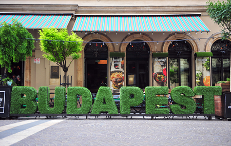 BUDAPEST, HUNGARY - JUNE 4: Budapest sign in the street of the city on June 4, 2016.のeditorial素材