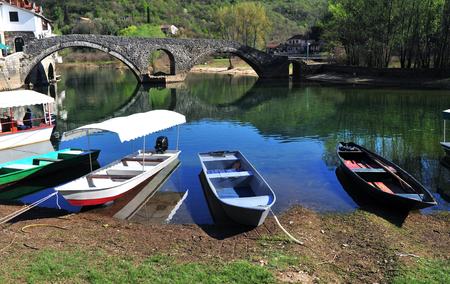 Fisher boats in Rieka Crnojevica town, Montenegroの写真素材