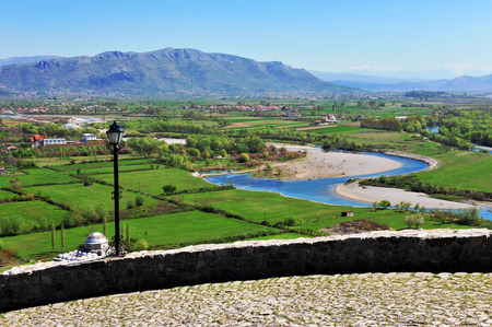 Winding river in the green valley, Albaniaの写真素材
