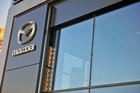 MOSCOW, RUSSIA - MAY 10, 2018: Facade of Mazda dealer center on May 10, 2018.のeditorial素材