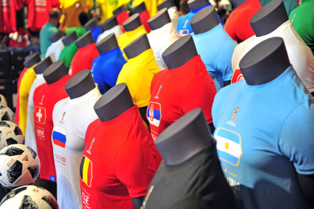 MOSCOW, RUSSIA - JUNE 22: Home football shirts of FIFA World Cup Russia 2018 teams, Moscow on June...