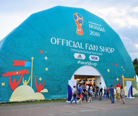 MOSCOW, RUSSIA - JUNE 22: People at FIFA World Cup Russia 2018 store, Moscow on June 22, 2018.のeditorial素材
