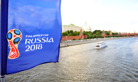 MOSCOW, RUSSIA - JUNE 20: Logo of FIFA World Cup Russia 2018 and Kremlin ensemble, Moscow on June 20, 2018.のeditorial素材