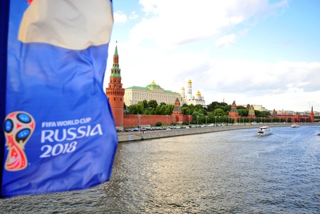 MOSCOW, RUSSIA - JUNE 20: Logo of FIFA World Cup Russia 2018 and Kremlin ensemble, Moscow on June 20, 2018.のeditorial素材