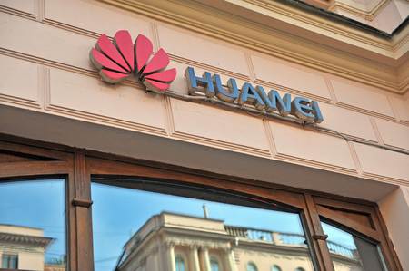 MOSCOW, RUSSIA - MAY 02: Logo of Huawei flagship store in Moscow on May 2, 2018.のeditorial素材