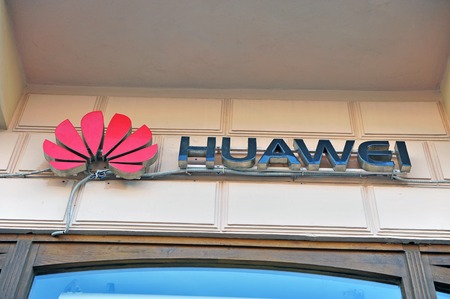MOSCOW, RUSSIA - MAY 02: Logo of Huawei flagship store in Moscow on May 2, 2018.のeditorial素材