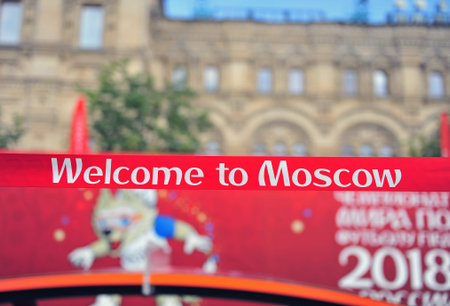 MOSCOW, RUSSIA - JUNE 23: Welcome to Moscow sign at the Red square, Moscow on June 23, 2018.