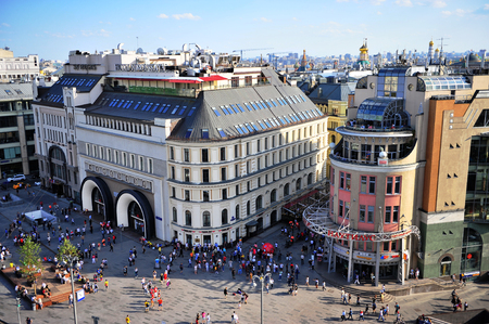 MOSCOW, RUSSIA - JUNE 22: Top view of metro Lubyanka and Nikolskaya street, Moscow on June 22, 2018.のeditorial素材