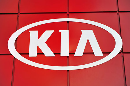 MOSCOW, RUSSIA - JULY 02: Logo of Kia motor company on red background on July 2, 2018. Kia is South...