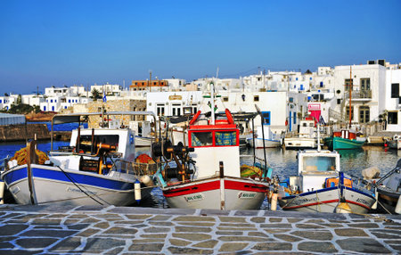 NAOUSSA, GREECE - APRIL 14: Colorful fisher boat in port of Naoussa, Greece on April 14, 2018.のeditorial素材