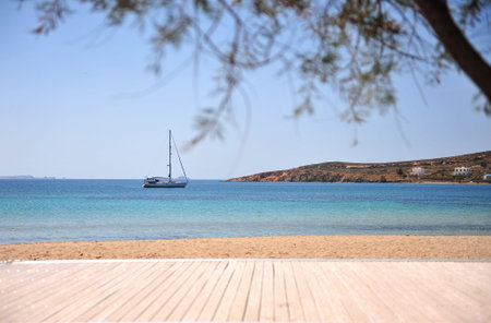 Saliboat in the blue sea, Paros island, Greece
