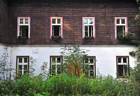 Front view of abandoned house in Korytnica Kupele village, Slovakiaの写真素材