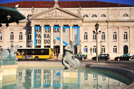 LISBON, PORTUGAL - FEBRUARY 14: Statue in front of Dona Maria II National Theatre in Lisbon on February 14, 2019.のeditorial素材
