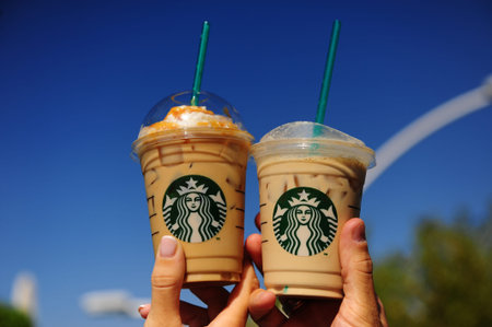 FETHIE, TURKEY - OCTOBER 112 delicious cold Starbucks coffee against a blue sky  in Fethie on...