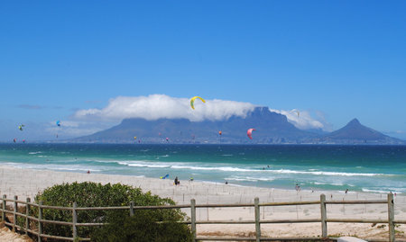 Kitesurfers and Table Mountain in Cape Town South Africaの写真素材