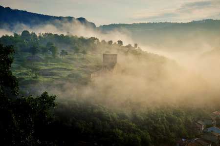 Foggy morning in the village of Tbilisi, Georgiaの写真素材
