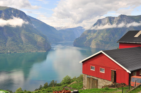 Norwegian fjord landscape with red houses and mountains in summerの写真素材