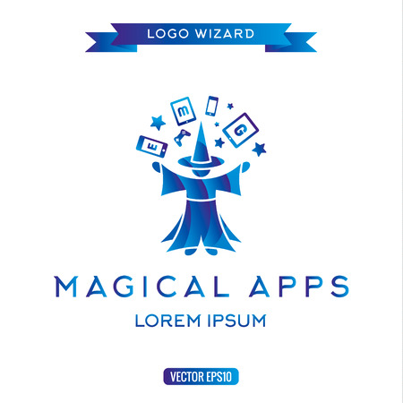 Logo magician manages gadgets, electronic equipment icon vector illustrationsのイラスト素材