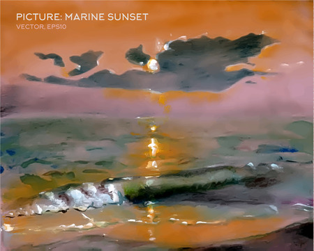 Painting sunset sea, waves, oil on silk vectorsのイラスト素材