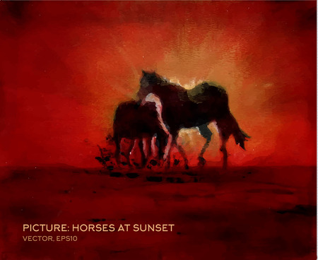 Horses at sunset, oil painting on silk in vector formsのイラスト素材