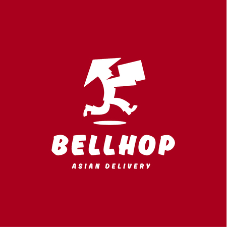 Bellhop Asian deliveryman runs speed delivery cargo box hat  flat logo iconsのイラスト素材