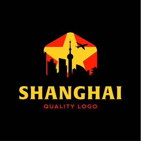 Shanghai city the shadow China building sunset red vector logo illustrations, strong trend flatsのイラスト素材
