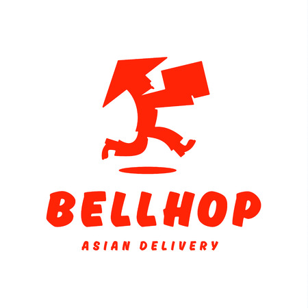 Asian deliveryman runs speed delivery cargo box hat beard Chinese brings parcel logosのイラスト素材
