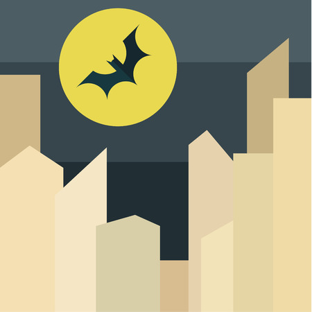 Illustration bat on background of the moon over the city in the style of flat stylized vectorのイラスト素材