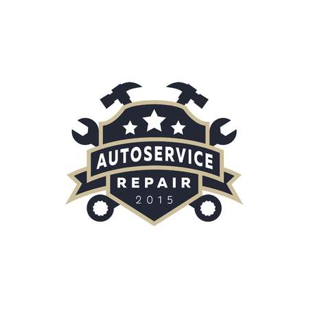 Service auto repair, coat of arms shield, wrench, hammer, logo sign flat starのイラスト素材