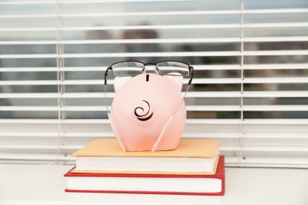 piggy bank  on books - student debt conceptの写真素材