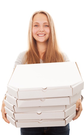 Pizza delivery woman isolated on whiteの写真素材