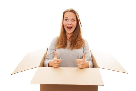 woman with a box isolated on white