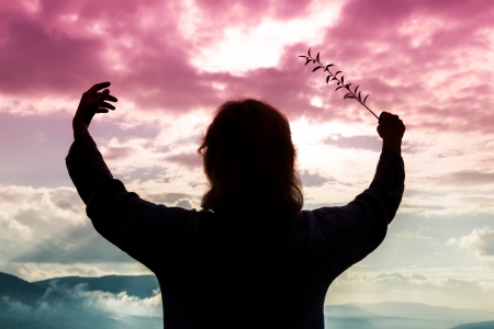 The woman conducts a sunsetの写真素材