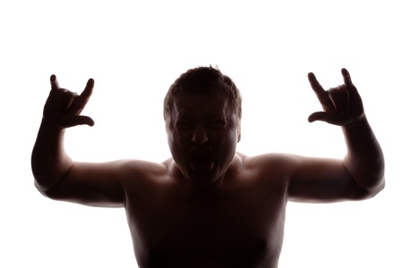 man portrait silhouette screaming angry in studio isolated white background の写真素材