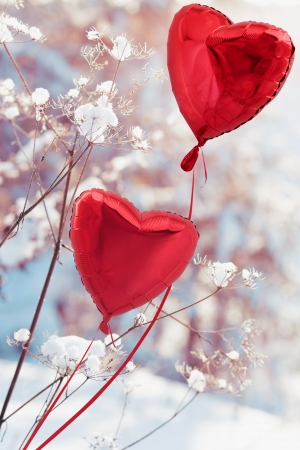 Two red balloons in the form of heart against winter woodの写真素材