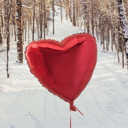 red balloon in the form of heart against winter woodの写真素材