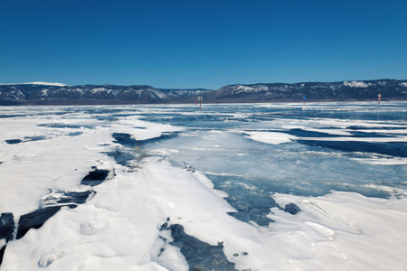 outdoor view of frozen baikal lake in winter 
