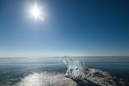 Horses, a sculptures  from ice on the frozen lake Baikalの写真素材