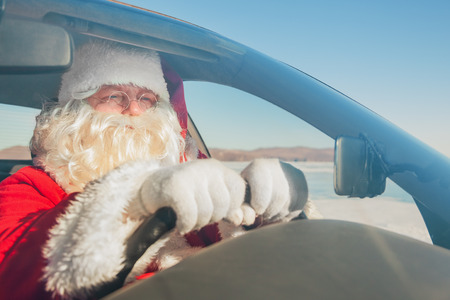  Portrait of Santa Claus in the car, shooting was conducted in a sunny day on lake Baikalの写真素材