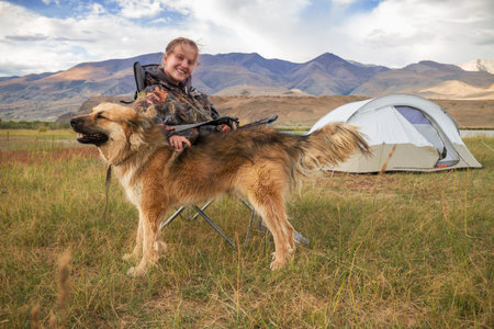 Girl with a dog in the tourism campaign on vacation
